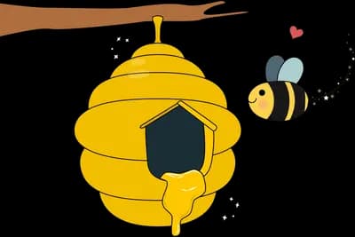 Bee flying toward a yellow beehive hanging from a branch