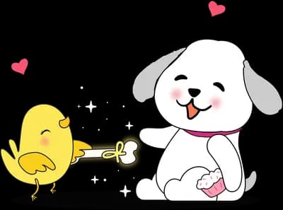 Yellow chick handing a bone to a white puppy