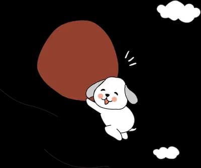 White puppy hauling a huge red sack through the clouds