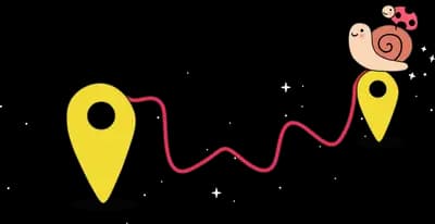 Snail carrying a ladybug travelling a winding route between two map pins