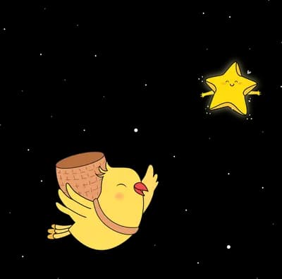 Yellow chick flying with a basket toward a smiling star