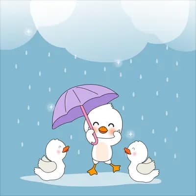 Three ducks in the rain with the middle one holding a purple umbrella