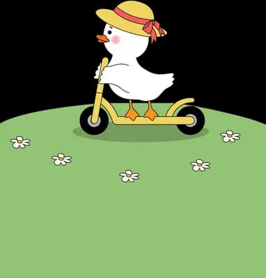 Duck in a straw hat riding a yellow scooter across a green meadow