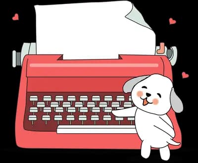 White puppy typing on a big red typewriter