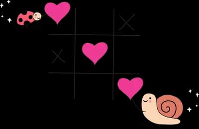 Ladybug and snail playing noughts and crosses with hearts on a grid