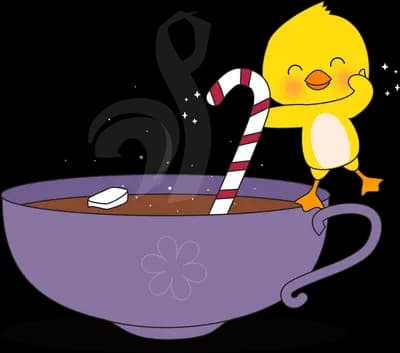 Yellow chick perched on a purple cup of hot chocolate with a candy cane
