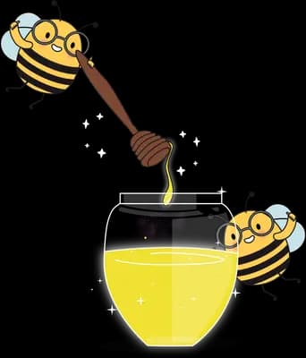 Two bees drizzling honey from a dipper into a steaming yellow cup