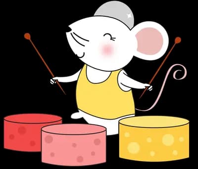 Mouse in a yellow apron drumming sticks on a set of cheese wheels