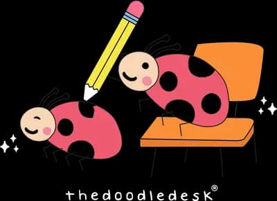 Two ladybugs at an orange chair with one holding an oversized pencil