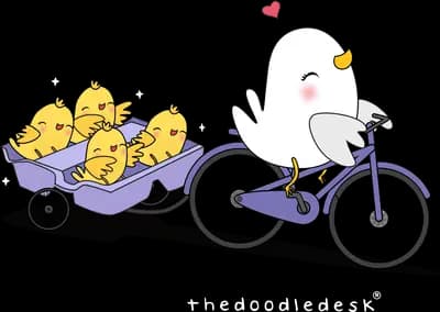 White duck riding a purple bicycle towing a trailer full of yellow chicks