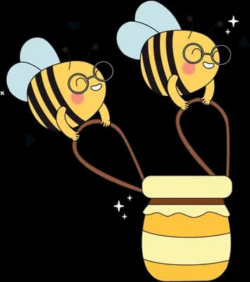 Two bees in glasses carrying a honey pot together by its handles