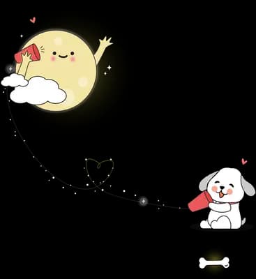 Puppy holding the string of a smiling moon floating like a balloon