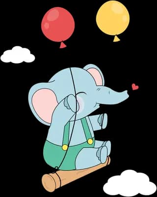 Elephant in dungarees on a swing holding red and yellow balloons among clouds