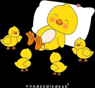 Large chick tucked in bed surrounded by four small chicks