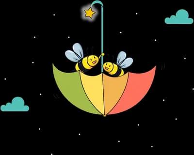 Two bees riding an upturned rainbow umbrella through the clouds