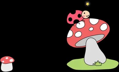 Ladybug hopping from a small mushroom onto a large red toadstool