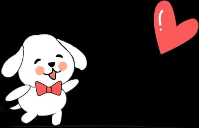 White puppy in a red bow tie chasing a floating red heart