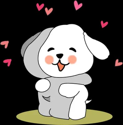 White puppy sitting on grass surrounded by floating hearts