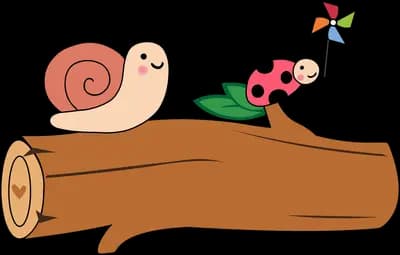 Snail and ladybug sitting on a log with a pinwheel