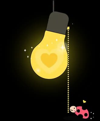 Ladybug pulling the cord of a glowing bulb with a heart filament in the dark
