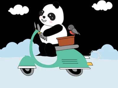 Panda riding a green scooter with a bird sitting in the front basket