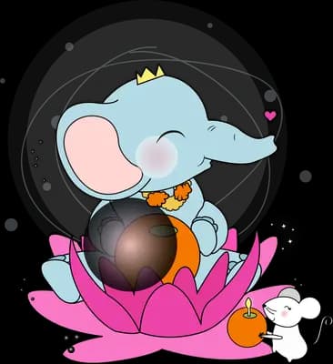 Crowned elephant sitting on a pink lotus beside a dark orb with a small mouse
