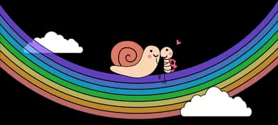 Snail and ladybug resting in the curve of a rainbow above the clouds