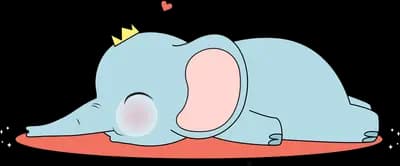 Elephant in a small crown sleeping stretched out on a red mat