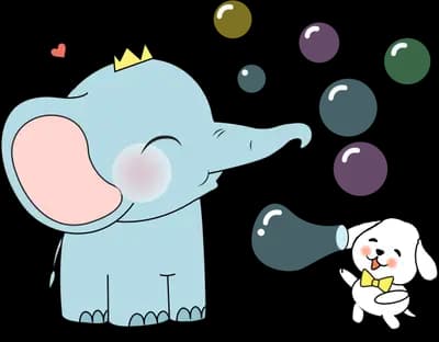 Elephant in a crown blowing soap bubbles beside a small white dog