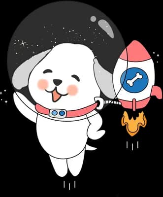 White dog in an astronaut suit floating beside a small rocket