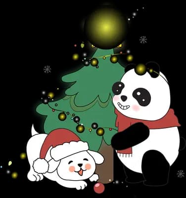 Panda and white dog in red scarves beside a decorated christmas tree