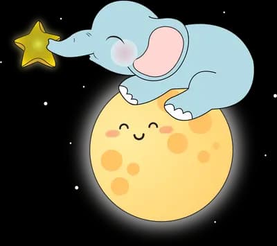 Elephant lying asleep on top of a smiling yellow crescent moon