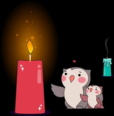 Two small birds standing beside a lit red candle with a glowing flame