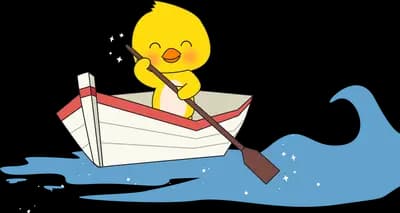Yellow chick rowing a small wooden boat across a blue wave