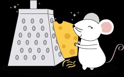 Mouse holding a wedge of cheese against a tall metal box grater