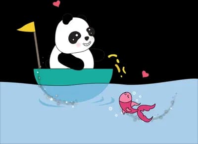 Panda paddling a small boat on blue water with a pink fish alongside