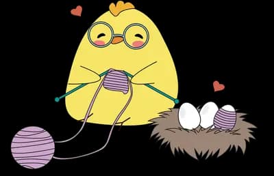 Yellow chick in glasses knitting with yarn beside a nest of eggs