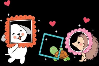 Dog turtle and hedgehog each posing inside their own picture frame with hearts