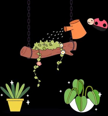 Ladybug watering a hanging planter above two potted plants