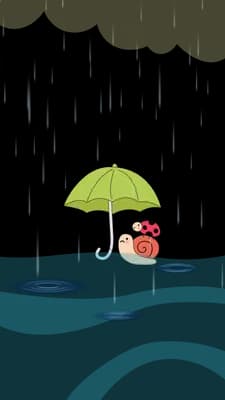 Ladybug sitting beside a green umbrella at the edge of a pale blue pond