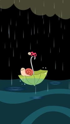 Snail and ladybug riding a green leaf boat across a pale blue pond