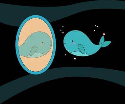 Small whale looking into an oval mirror that reflects a larger whale among wave ribbons