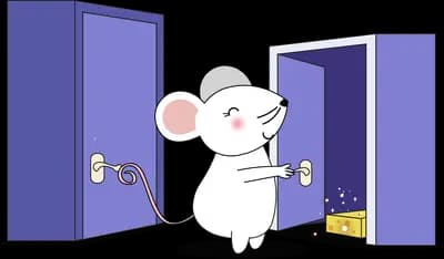 White mouse turning toward one of two open purple doors
