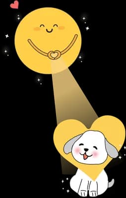 White dog in a yellow heart-shaped hood standing in a beam from a smiling sun