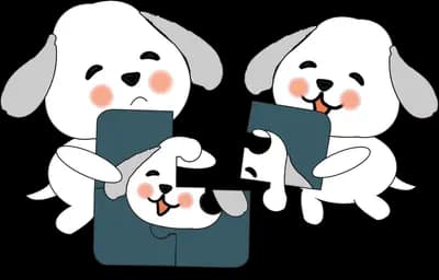 Three white dogs playing with dark tablet screens together