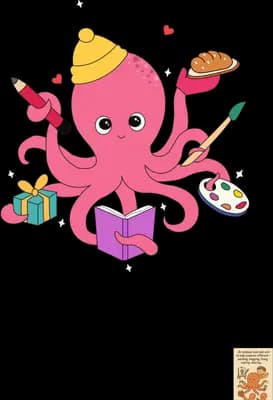 Pink octopus in a party hat holding a pencil paintbrush palette book and a plate of food