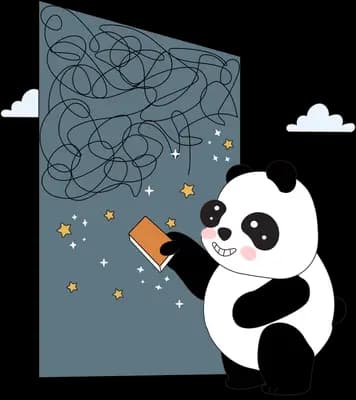 Panda wiping a dark panel of tangled scribbles clean with a cloth