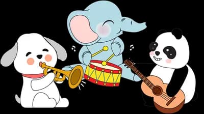 Dog playing a trumpet elephant on a drum and panda with a guitar in a small band