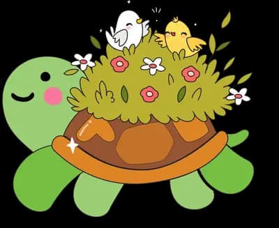 Green turtle carrying a flowering garden on its shell with a bird and chick perched on top