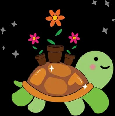 Green turtle carrying potted flowers on its shell